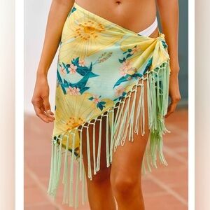 New NWT FARM Rio Swimwear Cover Up Fringe Sarong Floral Tropical Yellow Green